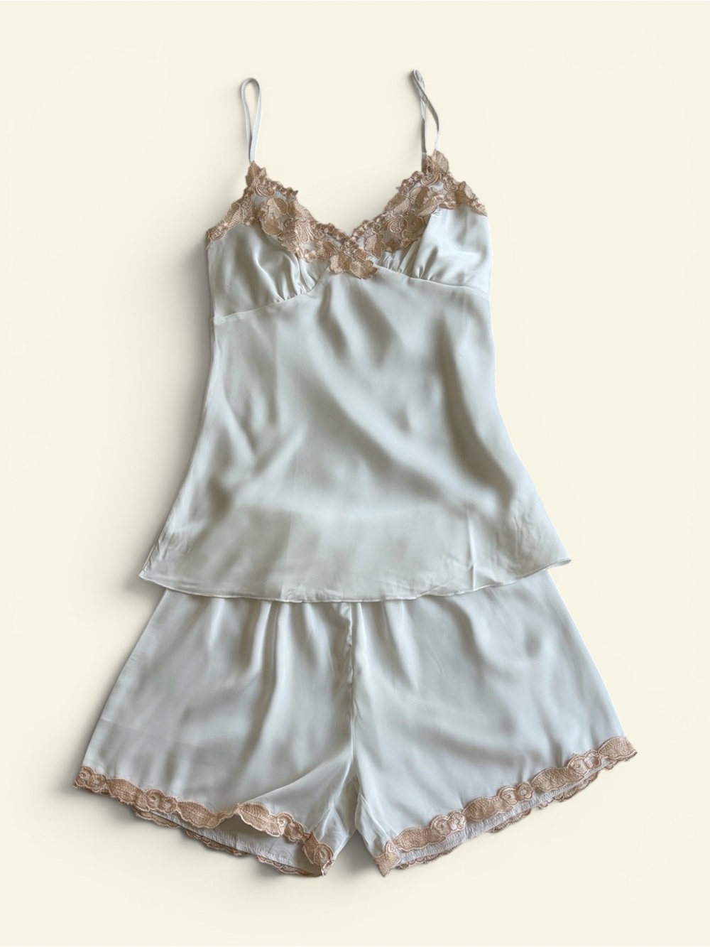 Unbranded Ivory Satin Bridal Pajama Set 3pc Cami Shorts Pants Lace Trim Size M